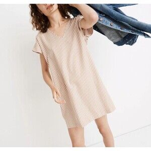 Madewell Button Back Easy Dress XS Tan White Stripe Boho Nautical Summer Travel